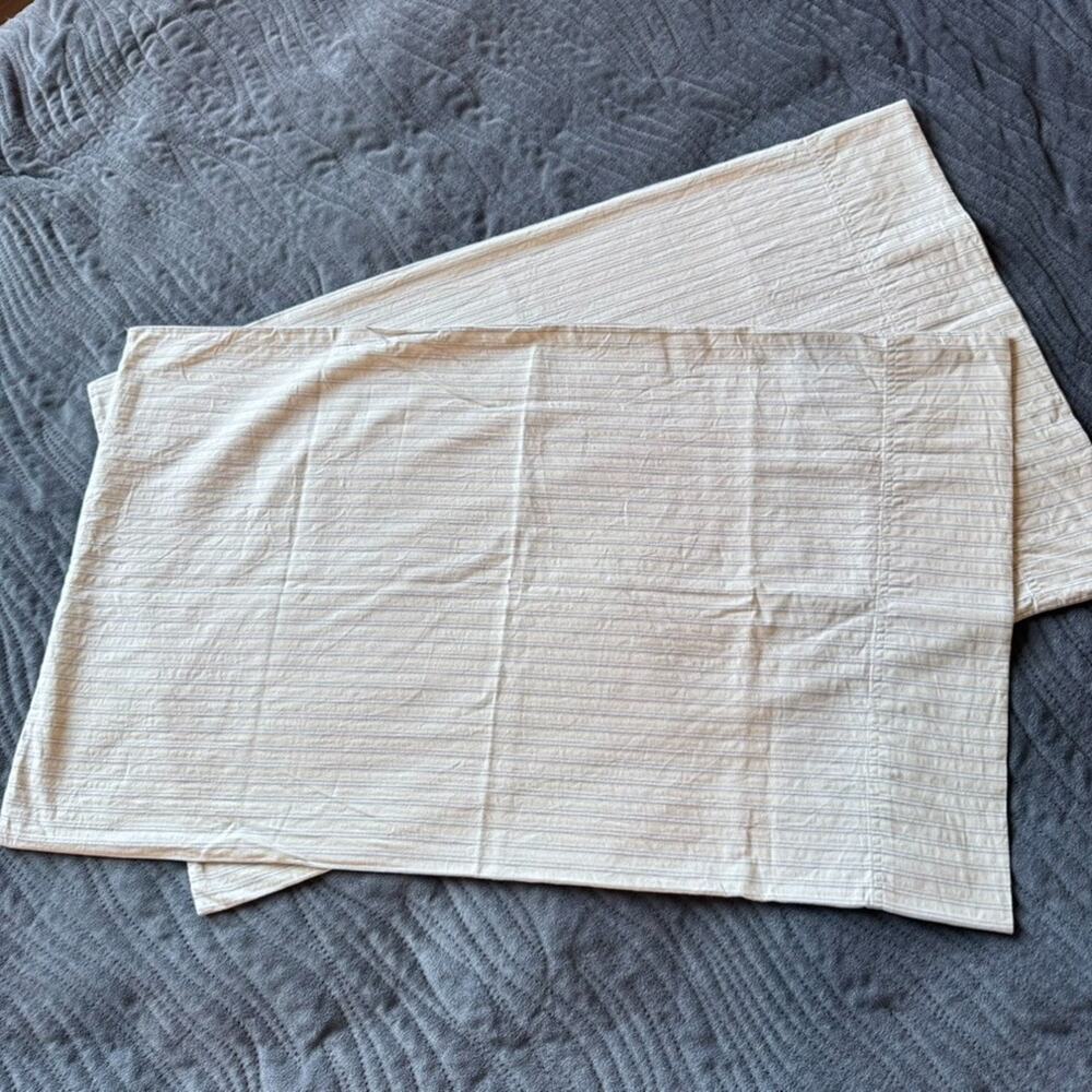 Set of 2 Vtg Ralph Lauren Queen White & Blue Ticking Stripe Standard Pillowcases